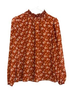 2/$30 J.Crew Floral Smocked Neck Blouse XS Rust Orange Long Sleeve Boho Top